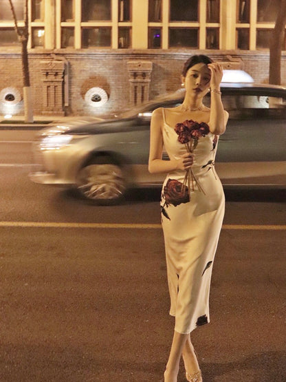 Thirteen and Little Suspender Dress Female Summer Sexy Slim Long Skirt Temperament Retro Floral Mermaid Skirt