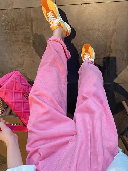 JENNIFER JXLIU Korea Dongdaemun winter knock all-match rose pink elastic high waist corduroy harem trousers