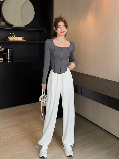 Mrs. Island Song Casual Pants Sports Closure Pants White Long Pants Women's Autumn Straight Pants Pants Simple and Versatile