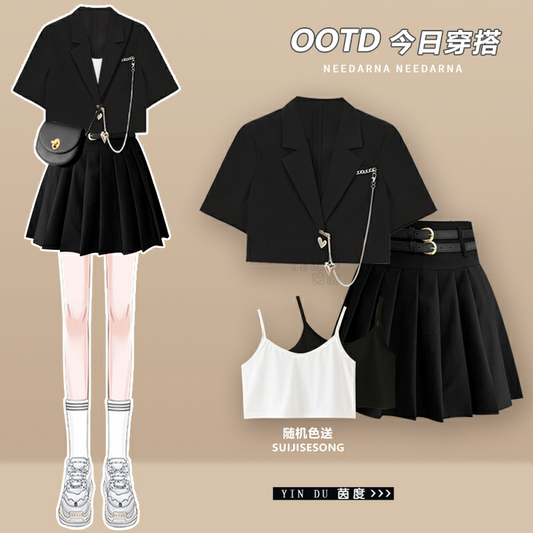 Summer pleated skirt suit suit 2023 new female royal sister style suit jacket two-piece skirt suit high-end sense