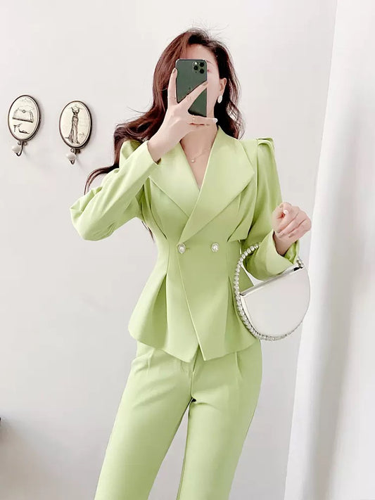 Autumn clothing aura is strong and capable temperament women's clothing professional fruit green suit two-piece suit Korean drama small dress autumn 1814