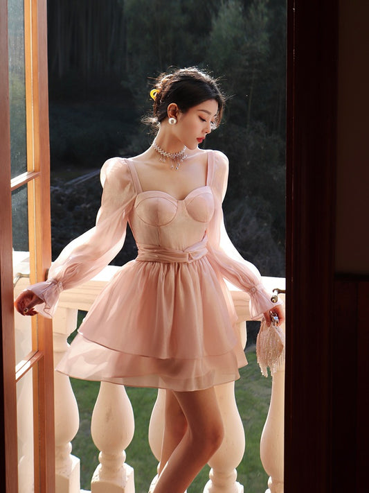 Thirteen and Little Pink Dress Women's Spring New French Temperament Waist Neck Long Sleeve Cake Skirt