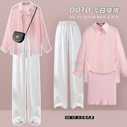 Playful women's lively shorts suit 2023 new women's high-end summer sunscreen shirt suspenders three-piece set two
