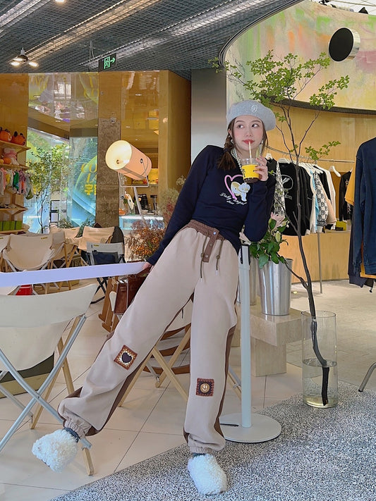 Thebestxue Korean version of loose all-match coffee color stitching love fun plus velvet sweatpants leg pants women's trousers