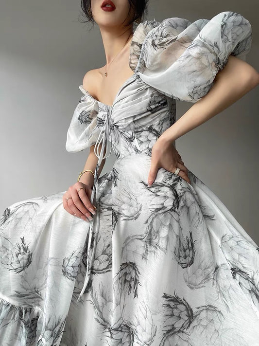 Aconiconi｜ Shuiyun frost flower high-end niche design French ink print waist long dress