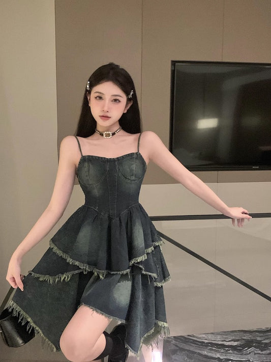 Kumikumi French retro denim strap dress tube top skirt female summer A-line cake skirt waist skirt
