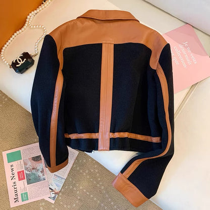 Xiaoxiangfeng contrast color woolen stitching leather jacket women's 2022 autumn and winter new Hong Kong style retro design jacket