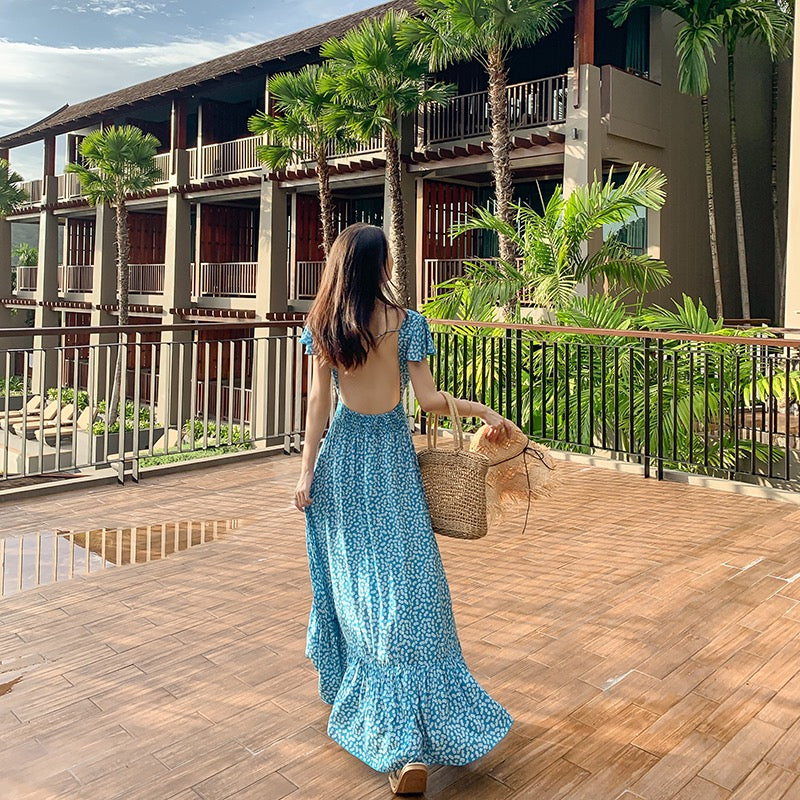 2022 new beach skirt super fairy Bali blue backless sexy Sanya seaside holiday long skirt dress female