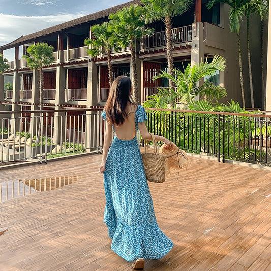 2022 new beach skirt super fairy Bali blue backless sexy Sanya seaside holiday long skirt dress female