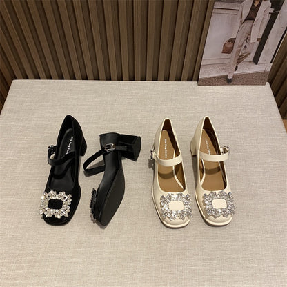 Rhinestone square toe single shoes women's autumn thick heel with evening style temperament French retro jk Mary Jane small leather shoes women