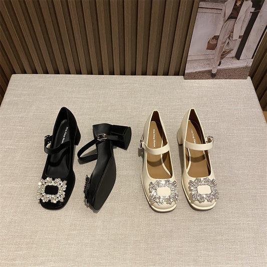 Rhinestone square toe single shoes women's autumn thick heel with evening style temperament French retro jk Mary Jane small leather shoes women