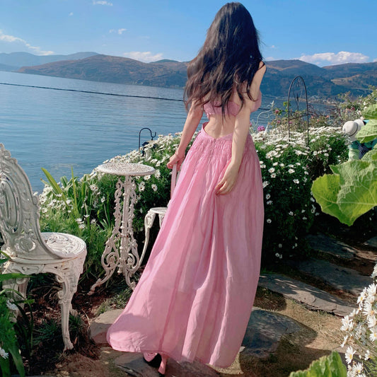 2023 new summer French style high-end temperament pink dress long skirt Sanya seaside holiday suspender dress female