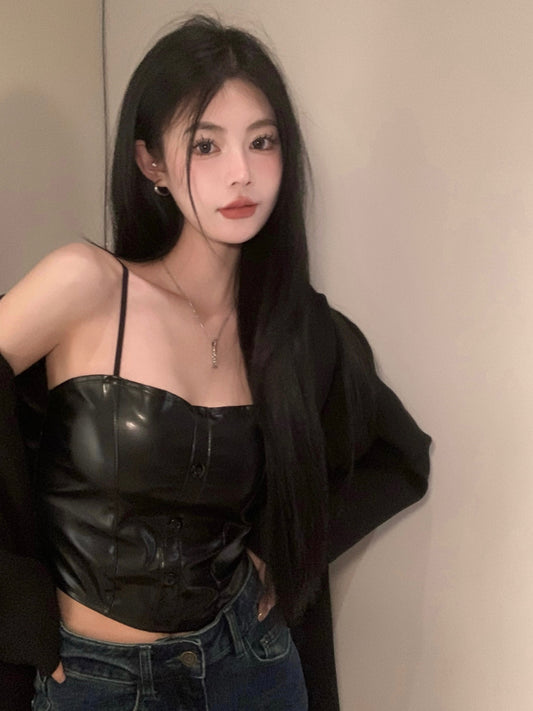 Hot girl pu leather camisole women's summer black temperament with chest pad short section inner top top bottoming shirt outer wear