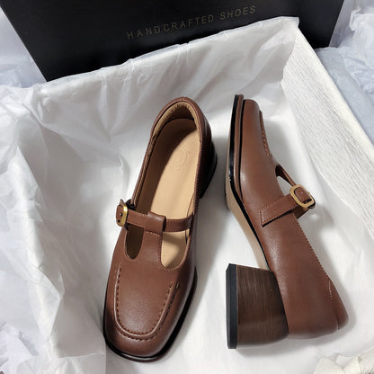 Senyu Haixiang French retro 2023 new leather single shoes literary retro chunky heel loafers square toe single shoes