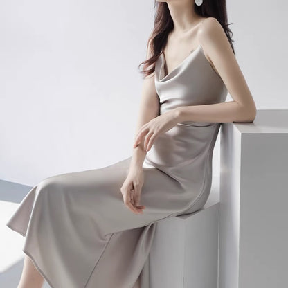 MZOMXO acetic acid texture satin swing collar suspender dress women's high-end summer temperament slim waist long skirt