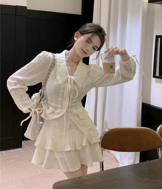 Sweet lapel long-sleeved shirt women's early spring 2023 new gentle temperament self-cultivation tie waist shirt top
