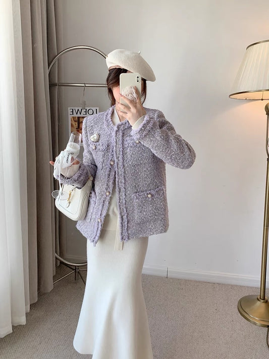 CHICROOM Purple Small Fragrance Coat Women's Autumn and Winter Small Short Korean Ladies Tweed Coat