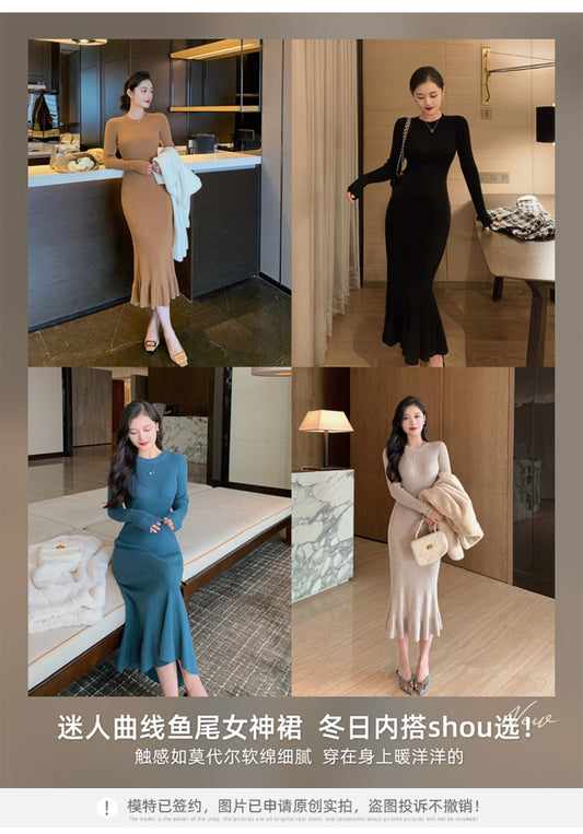 Lin Guanguan Knitted Dress Women's Autumn and Winter Slim Slim Long Sleeve Long Fishtail Hip Skirt Bottom Sweater Dress