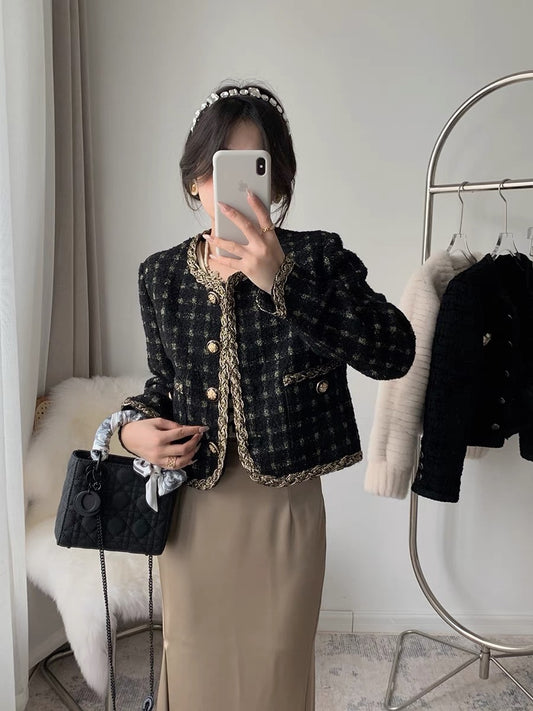 CHICROOM tweed short coat women's 2022 autumn and winter new black plaid small fragrance coat top