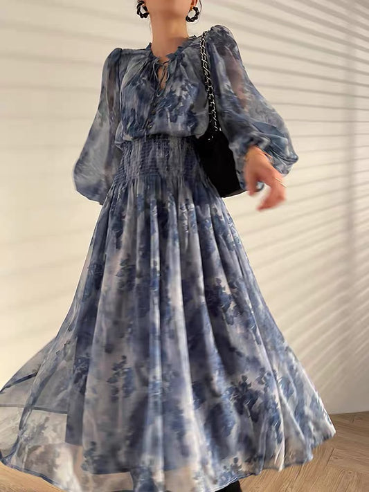 Aconiconi｜French niche elegant print dress in early autumn