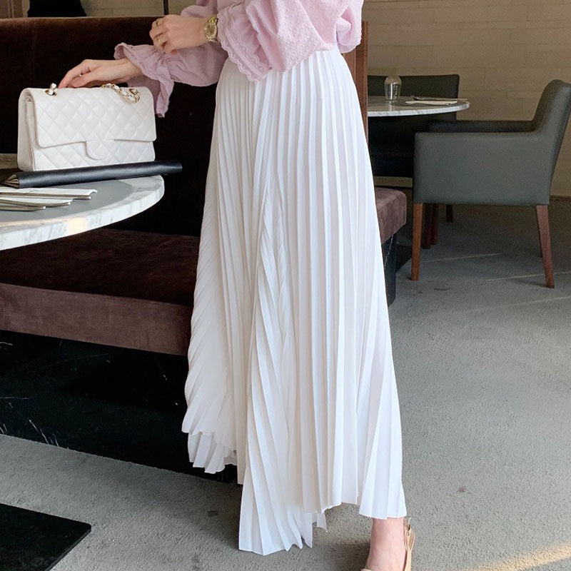 Korean chic autumn gentle temperament high waist thin irregular design large swing type pleated skirt long skirt female