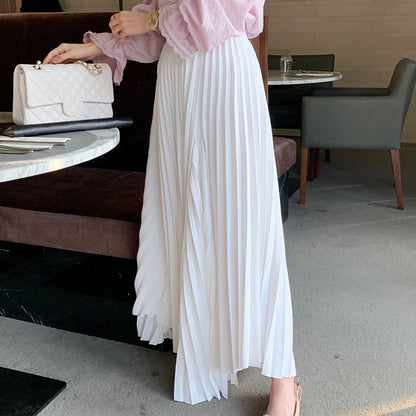 Korean chic autumn gentle temperament high waist thin irregular design large swing type pleated skirt long skirt female