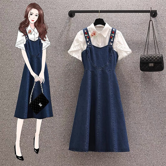 Fat sister fashion age-reducing dress 2021 spring wood ear shirt slimming waist strap skirt two-piece suit female