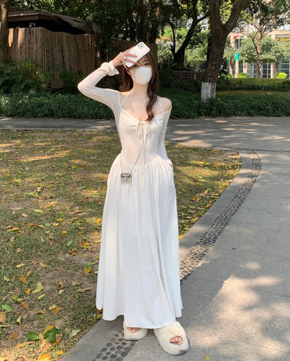 French one-shoulder hanging neck suspender dress niche design sense summer women's waist slimming fairy skirt long skirt