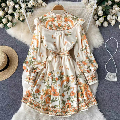 Court style retro floral dress female celebrity temperament V-neck single-breasted waist-slimming puff-sleeved A-line skirt