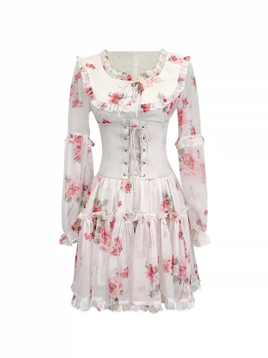 DoggyQin loves floral short-sleeved pleated ruffled French-style belted waist-seal slim dress in this issue