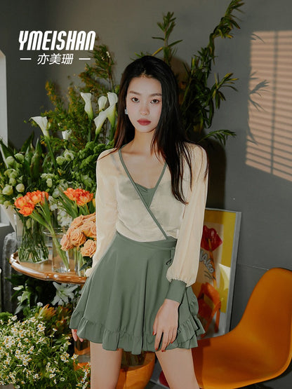 Yimeishan One-Piece Swimsuit Women Slim Thin Cover Belly Conservative Dress Long Sleeves 2022 New Hot Spring Swimsuit
