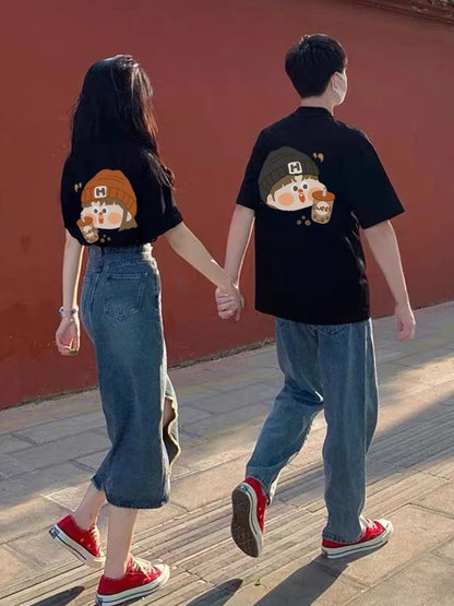 The same color couple clothes summer clothes summer 2023 new trend tide brand special couple short-sleeved t-shirt ins black