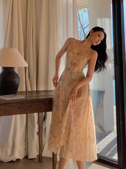 Xiaoli After the Rain Rose Floral Chiffon Sling Dress Spring 2023 New French Holiday Fairy Long Skirt