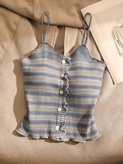 Spice Girl Striped Knitted Camisole Women's Inner Wear Outerwear Sexy Slim Wooden Ear Edge Short Bottom Sleeveless Top