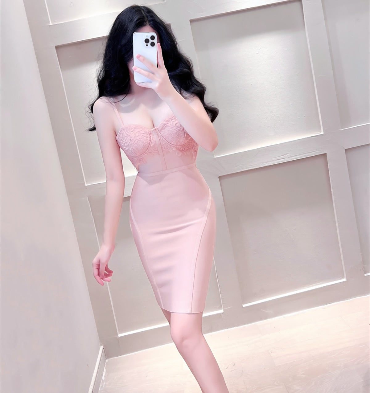 Sexy Lace Sling Net Red Soft Pink Slim Dress