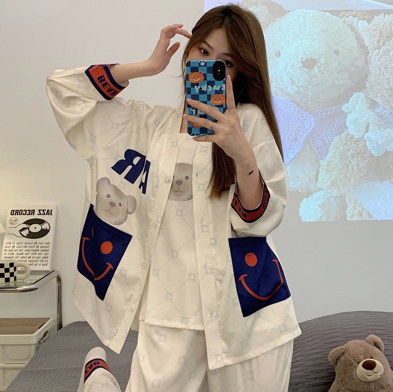 Spring, autumn and summer ice silk three-piece pajamas women's long-sleeved 2022 new cute bear suspender home service suit
