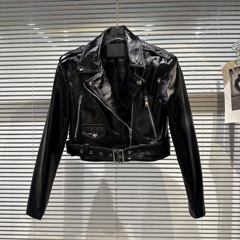 Net red same style 2023 spring new fried street hot girl zipper belt locomotive liquid metal leather jacket jacket
