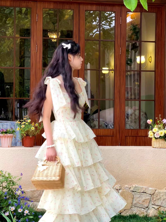 Laid meow 2023 spring and summer new floral bow tie sleeveless sweet temperament waist long cake skirt
