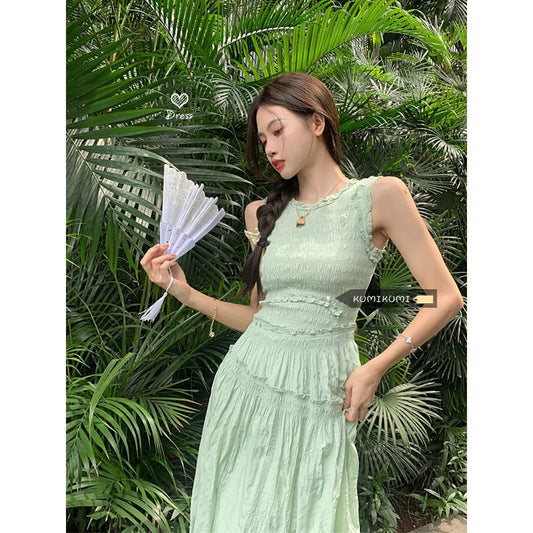First Love Slim Green Dress Female Waist Slim Temperament Skirt Summer Gentle Wind French Niche Long Skirt