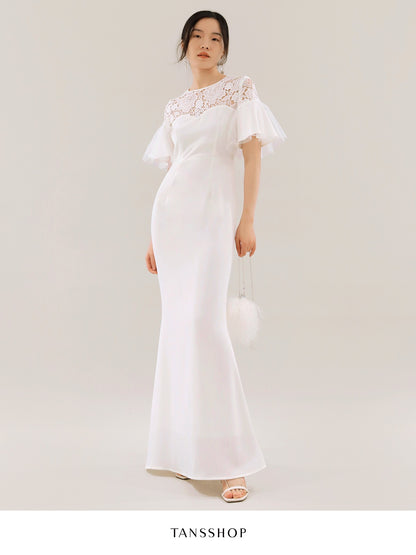 TANSSHOP fairy white lace splicing long skirt mesh sleeves pleated high waist round neck mermaid dress skirt