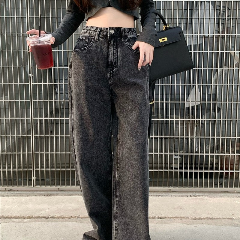 Retro new wide-leg pants washed high waist loose slim mopping jeans autumn and winter women's button straight trousers