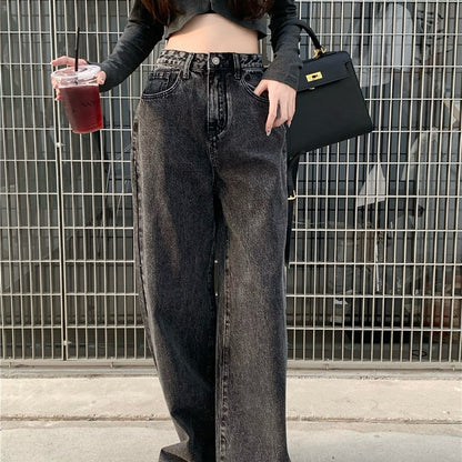 Retro new wide-leg pants washed high waist loose slim mopping jeans autumn and winter women's button straight trousers