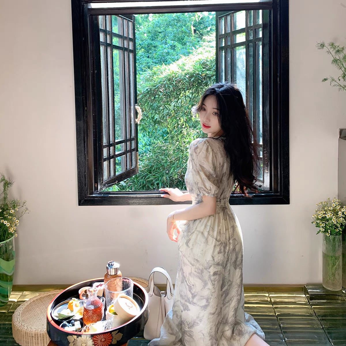 ByYou Gentle Feng Shui Ink Floral Holiday Dress Summer High Sense Waist Long Puff Sleeve Tea Break 1153