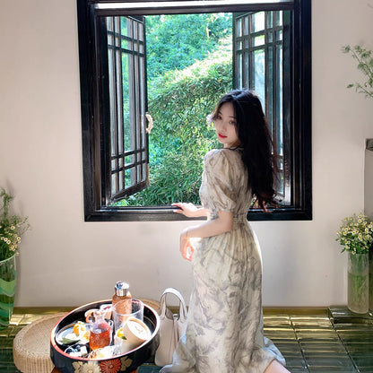 ByYou Gentle Feng Shui Ink Floral Holiday Dress Summer High Sense Waist Long Puff Sleeve Tea Break 1153