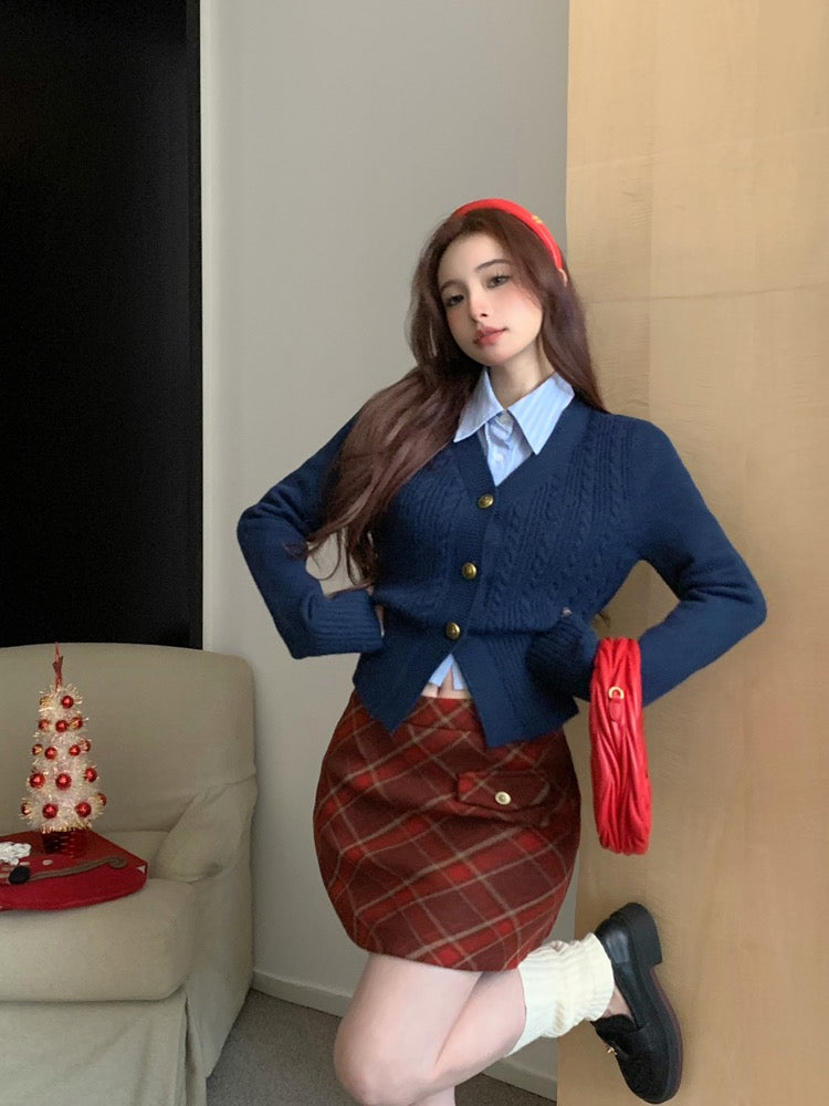 Retro v-neck twist knitted cardigan women's spring 2023 new hot style Korean version design sense slim sweater top