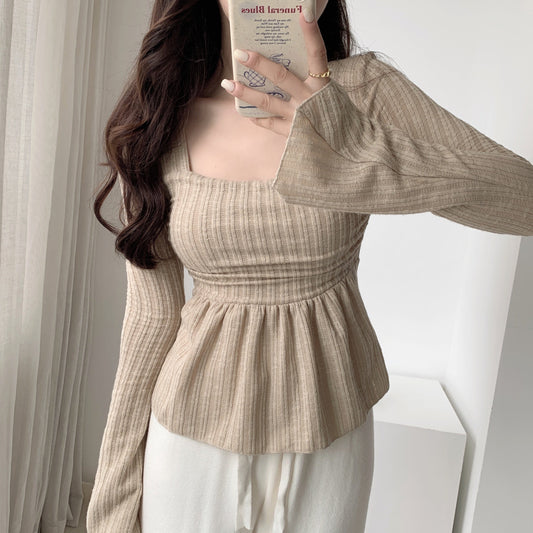 Mimo dk sweet, gentle and cute wind square collar trumpet sleeves fluffy hem cover small belly show chest top t-shirt female