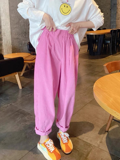 JENNIFER JXLIU Korea Dongdaemun winter knock all-match rose pink elastic high waist corduroy harem trousers