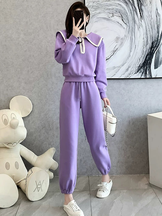 Fashionable fried street sports and leisure suits women's early autumn 2022 new trend lapel sweater Western style purple two-piece suit