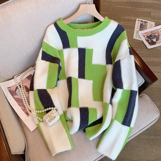 Retro fashionable high-end color-blocking plaid pullover sweater women's autumn 2022 new chic loose and lazy wind top