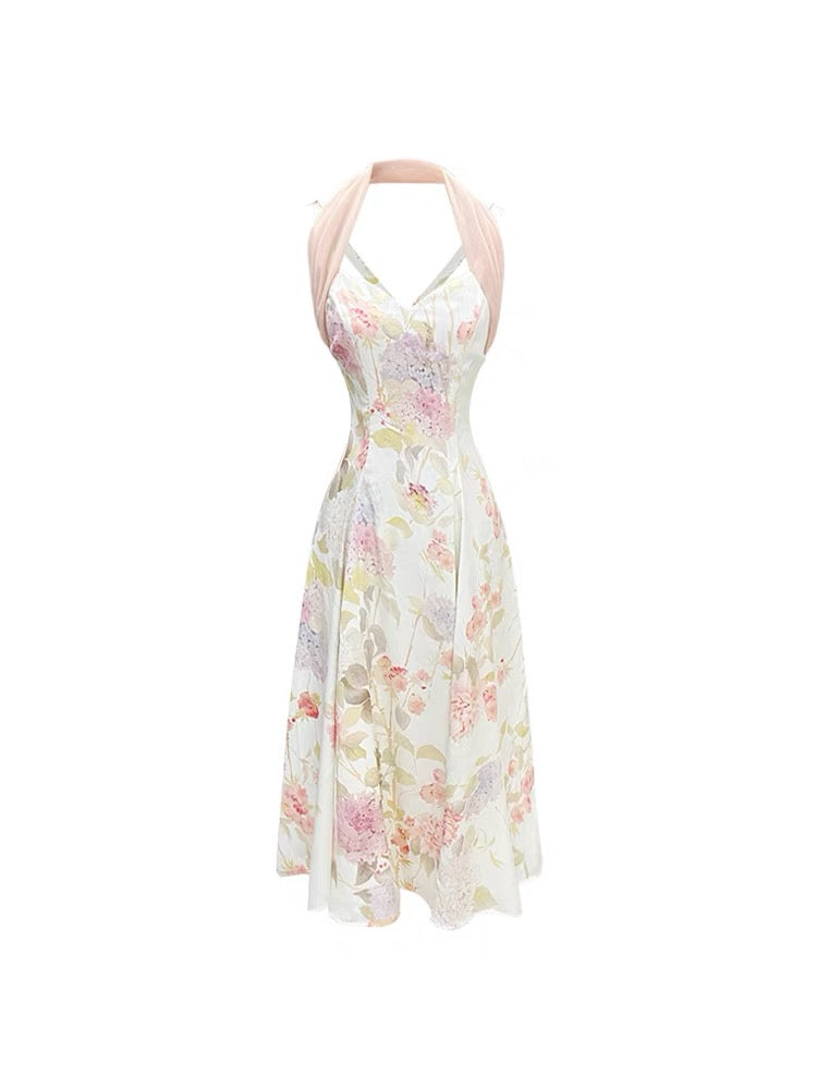 DoggyQin drunk spring mandarin duck/new French halterneck retro elegant slim slim Monroe print dress